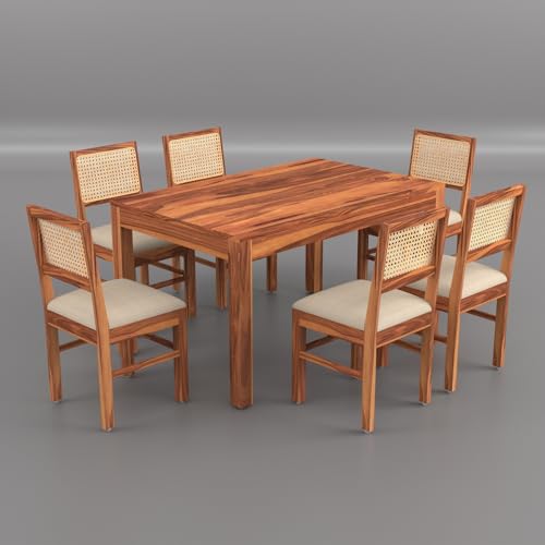 Image of 55 Inch Length Solid Wood Cane 6 Seater Dining Table Set | Six Seater Dining Table With 6 Cushions Chairs For Dining Room | 6 Seater Dining Set for Hotel Restaurant | Sheesham, F-Honey