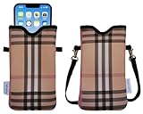 Tainada Men Women Neoprene Phone Sleeve Pouch Case Bag with Crossbody Strap/Neck Lanyard for iPhone 17/16/15 Pro Max, Air, 16/15/14 Plus, 16e; Samsung S25, S24, A56, A55, Z Fold7 (Camel Brown Plaid)