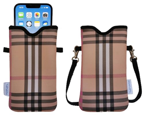 Tainada Men Women Neoprene Phone Sleeve Pouch Case Bag with Crossbody Strap/Neck Lanyard for iPhone 17/16/15 Pro Max, Air, 16/15/14 Plus, 16e; Samsung S25, S24, A56, A55, Z Fold7 (Camel Brown Plaid)