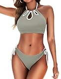 Zojuyozio Women Two Piece Bathing Suit Color Block Swimsuit Floral Cutout Swimwear High Neck Halter Bikini Set Greygreen M