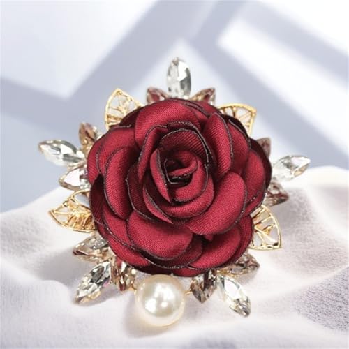 Image of Rose Brooch for Women,Dainty Satin Fabric Flower Lapel Pins Vintage Elegant Pearl Brooches Handmade Crystal Pearl Pins Silk Camellia Safety Collar Pin Dress Suit Accessories Wedding Bridal Bouquet Jewelry