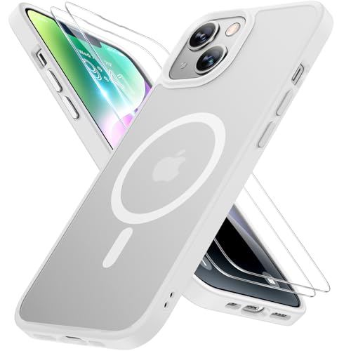 Image of Miracase Magnetic for iPhone 14 Case 6.1 inch (Compatible with MagSafe)(with 2X Screen Protectors) Military-Grade Protection, Anti-Fingerprint Translucent Matte Phone Case Cover, White