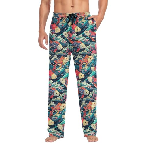Men's Colorful Fish Waves Pajama Pants with Elastic Waistband | Soft Lounge Sleepwear | Breathable Sleep Pants for Home（937）3
