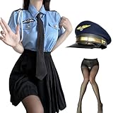 [Harsever] ポリス コスプレ セクシー 警察官 コスチューム 6点セット (トップス＋スカート＋パンツ＋ネクタイ＋ストッキング＋警官帽子） 衣装 パーティー 仮装 ミニスカ 警察 婦警 婦人警官 制服 cosplay かわいい 可愛い ハロウィン イベント 文化祭 レディース 大人用 女性 写真 撮影 (ブルー)