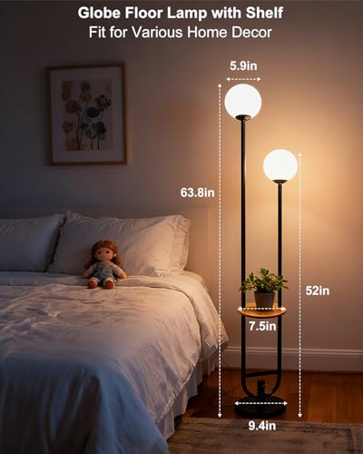 Image of 63IN 2-Globe Floor Lamp Dimmable Tall Standing Lamps with Table 3000K Warm White Unique Vintage Modern Mid Century Floor Lamp with 5Lbs Heavy Base for Living Room-Black