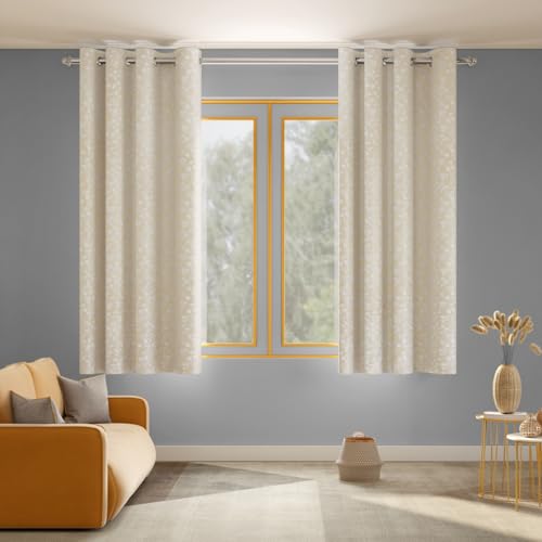 Image of haus & kinder Printed Jacquard Window Curtains 5 Feet Long Pack of 2 Window Curtains, 5 Feet Curtains for Window (Gingko Serenity, Sand Nature 130x152 CM)