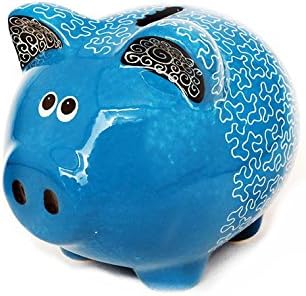Medium/Large Money Saving Piggy Bank, 'Puzzle Blue' Hand Made & Hand Painted, Premium Ceramic, Gift Box included, Coin Bank, Piggy bank for Adults, piggy banks for kids