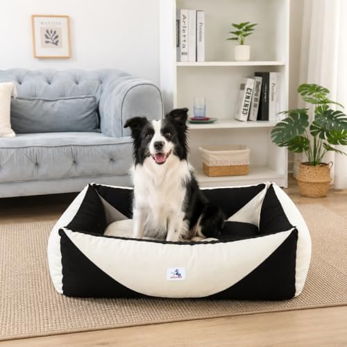 Image of Canvas Dog Bed, Cotton Dog Beds Large Sized Dog, Orthopedic Bed with Washable Removable Cover, Durable 290 GSM Cotton Anti-Chewing Pet Bed with Anti-Slip Bottom (38 inchx30 inchx12 inch, Black&White)