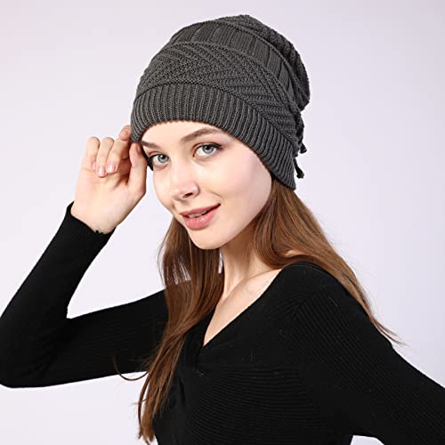 Gorro feminino com forro de pelúcia quente chapéu cachecol confortável sem aba, Cinza escuro, P
