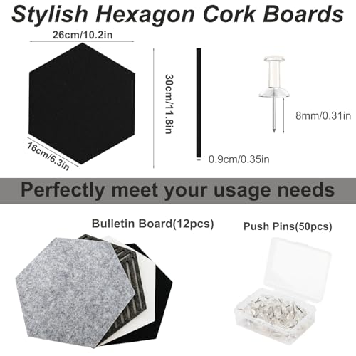 Acidea 12 Stück Filz Pinnwand Sechseckig, Selbstklebende Korkplatte DIY mit 50 Durchsichtig Pushpins für die wand, Moderne Pinnwand Dekoration für Fotos, Memos, Wanddekoration,Foto-Display-Tafel