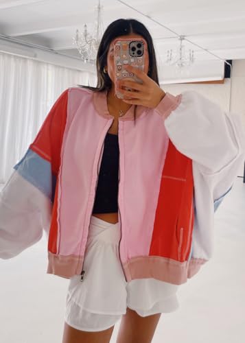 chouyatou Women's Oversized Color Block Splicing Y2K Bomber Jacket 2024 Fall Clothes Casual Loose Coat Outwear 5