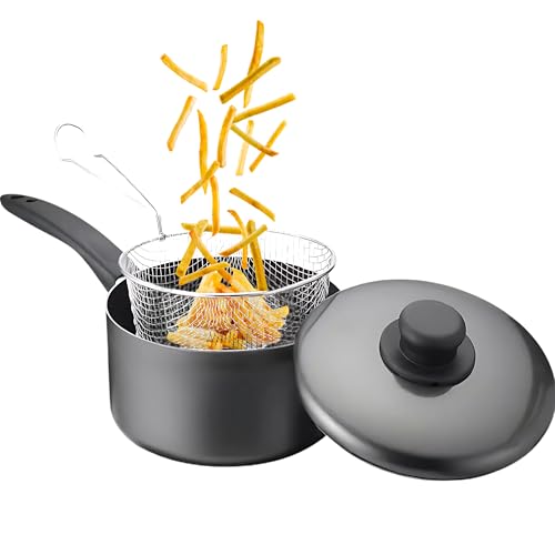 Image of 23cm Chip Pan Deep Fat Fryer Set | 9 Inch 3pc Durable Non-Stick Black Chip Pan with Plastic Handles | Pot + Lid & Basket | Home | Food Ideal for Home & Pro Cooking (4.5 litres)