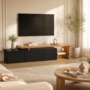 OLIVIBED TV Lowboard met Opbergruimte, TV-tafel met 3 Deuren en Glazen Plank, TV-Bank voor Televisies tot 85 Inch, TV Sideboard voor de Woonkamer, Zwart, 200x39x42cm