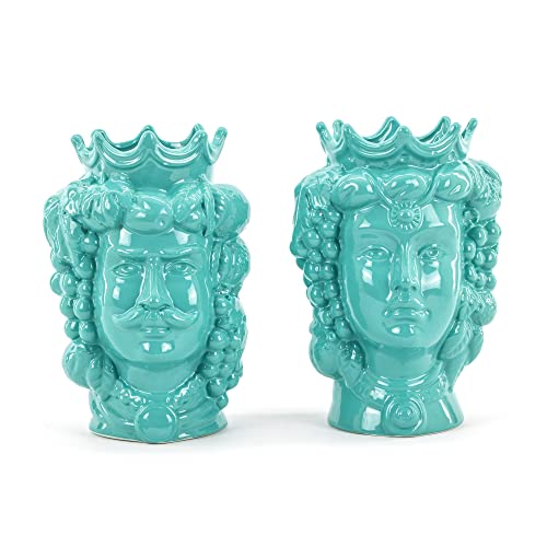 CEAR ceramiche - Coppia Teste di moro siciliane H cm 25 colore Acquamarina, Turchese in ceramica siciliana di Caltagirone fatte a mano