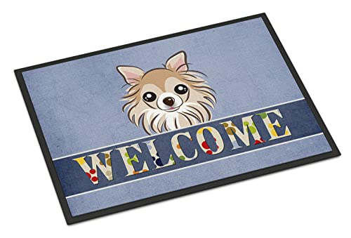 Caroline's Treasures BB1437JMAT Chihuahua Welcome Doormat 24x36, Blue Front Door Mat Indoor Outdoor Rugs for Entryway, Non Slip Washable Low Pile, 24H X 36W