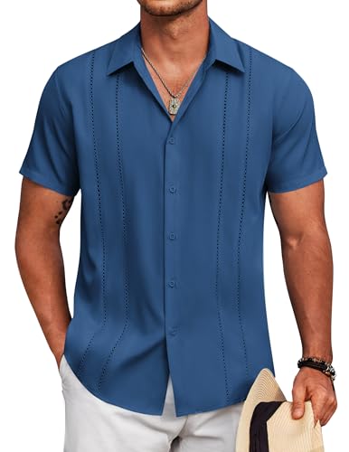 COOFANDY Mens Guayabera Shirts Short Sleeve Beach Shirts Summer Cuban Shirt for Vacation Royal Blue