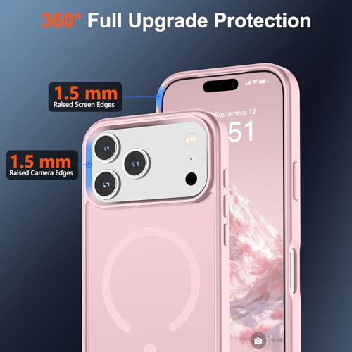 Image of SUPFINE Magnetic for iPhone 17 Pro Max Case with Screen Protector (Compatible with MagSafe)(Military Grade Drop Protection) Translucent Matte Shockproof with Anti-Fingerprint Phone Cover,Light Pink