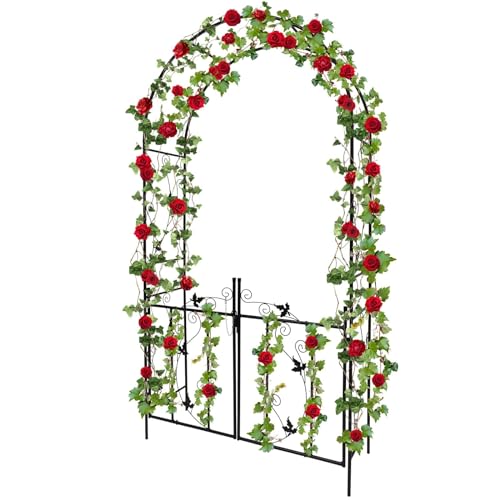 Kalolary Garden Arch with Gate, Heavy Duty Metal Butterfly Garden Arbor for Climbing Plant Metal Raised Bed Rose Vines Climbing Support for Lawn Backyard Patio Outdoor Decoration (91"x45"x15") by Kalolary - Used condition - US$85.49