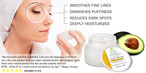 Natural Vitamin E Eye Cream for under eyes treatment. Reduce puffy bags, remove wrinkles & fine lines & soften crow's feet. Best antiaging moisturizer cream for restoring & hydrating