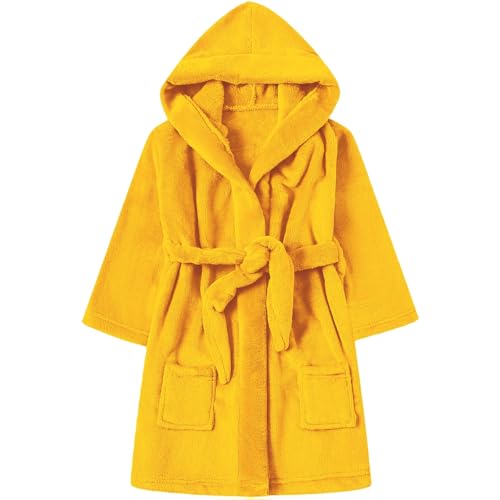 Kids Flannel Bathrobe Lightweight Fleece Dressing Gown Children Winter Warm Hooded Robe with Belt Plain Cute Nightgowns Loungewear For Boys Girls Teens Plush Super Soft Breathable (Yellow, 7-8 Years)