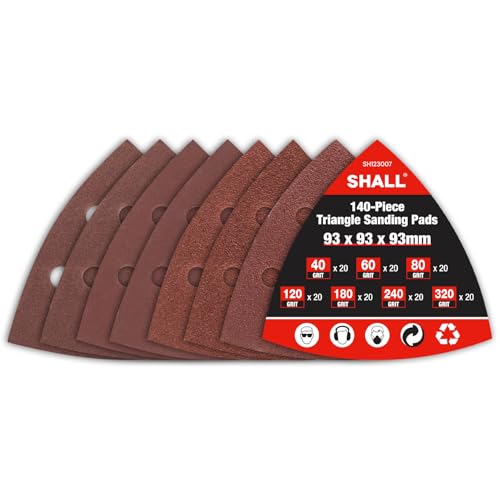 SHALL Almohadillas de lijado triangulares de 140 piezas, 93 x 93 x 93 mm, papel de lija triangular con velcro de 6 agujeros, 7 granos: 40/60/80/120/180/240/320