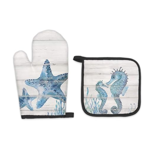 FIicy Coastal Beach Oven Mitts and Pot Holders Sets, Starfish