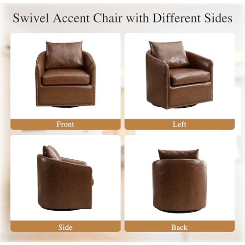 HAOMARKETS 360 Degree Swivel Accent Chair Set of Two with Plump Back Pillow, Waterproof Oil Waxed PU Leather Swivel Armchair with Rivets, Comfy Vintage Round Barrel Chair for Living Room
