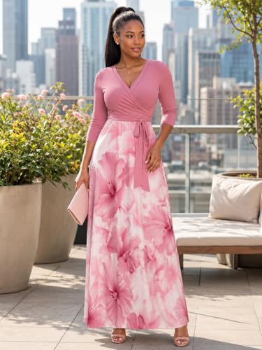 Image of PinkPatty Plus Size Maxi Dress for Women Casual V Neck 3 /4 Sleeve Boho Printed Long Dress with Pockets