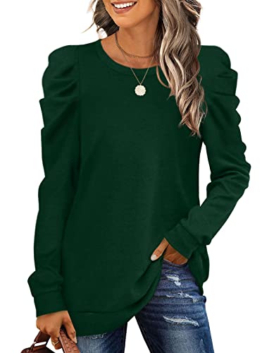 XIEERDUO Long Sleeve Shirts for Women Puff Sleeve Tops Pullover Sweaters Fall Fashion Women's Clothing Loose Fit, 01a-dark Green, Large
