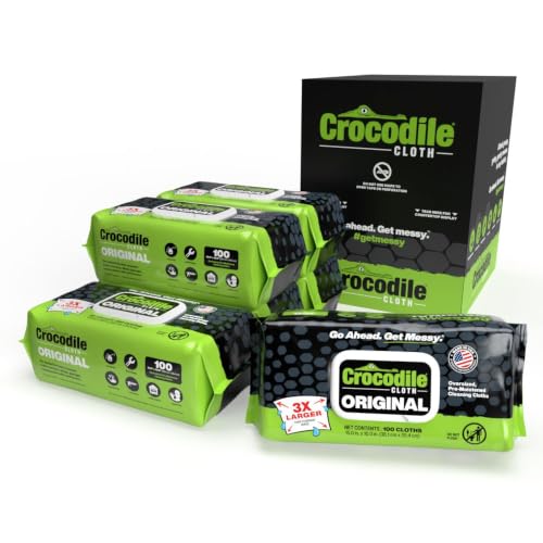 Image of Crocodile Cloth Original Cleaning Wipes, Heavy-Duty Multi-Surface Hand & Tool Wipes, Water-Based, Safe on Skin, 600 Count (6 Packs of 100), 15 x 10 Inch