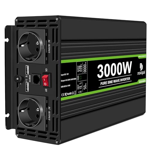 NOVOPAL 3000W Onda Pura Inversor 12V a 220V 230V Corriente Convertidor (con Código Indicador Pantalla LCD) & 5M Mando a Distancia & 2 Puertos USB QC3.0 18W para Coche camión Caravana