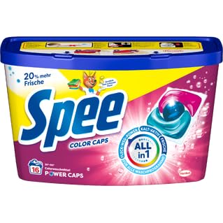 Spee Power Caps Color (8 × 16 Waschladungen), Allin1 Colorwaschmittel mit Fleck-Weg-Power & Kalt-Aktiv, Waschmittel Caps mit Extra Frische-Effekt, geeignet für alle Waschprogramme von 20–60 °C