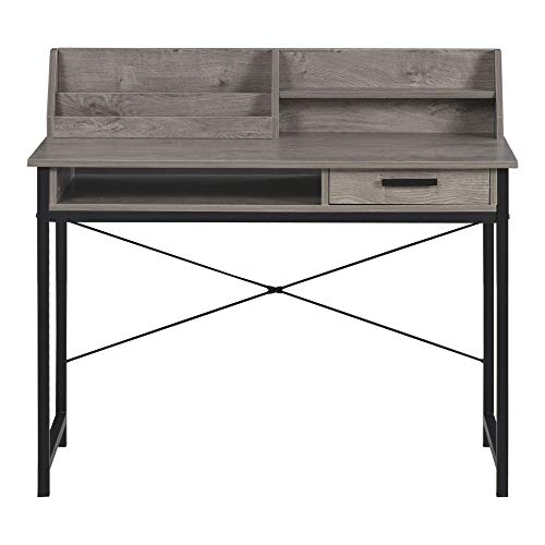 HOMCOM Bureau secrétaire Style Industriel dim. 106L x 53l x 95H cm tiroir, Compartiment, 3 étagères châssis métal Noir Plateau Aspect Bois Gris