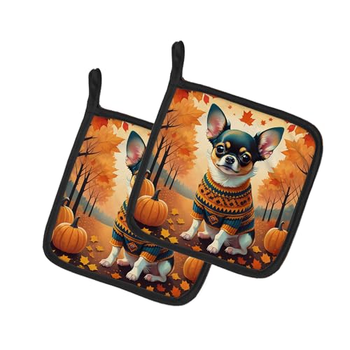 Caroline's Treasures DAC1035PTHD Tricolor Chihuahua Fall Pair of Pot Holders Kitchen Heat Resistant Pot Holders Sets Oven Hot Pads for Cooking Baking BBQ, 7 1/2 x 7 1/2