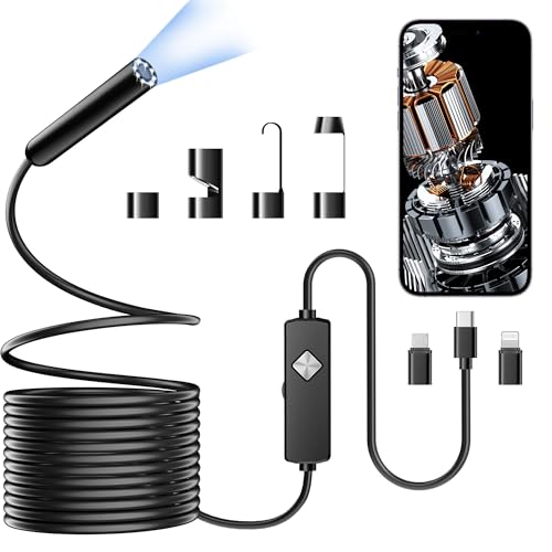 Image of Endoscope with Light, 1920P HD Borescope with 8 Adjustable LED Lights, Semi-Rigid Snake Camera, IP67 Waterproof Inspection Tool for iPhone & Android - 16.4FT-Single Lens (Black)