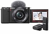 Sony Alpha ZV-E10 APS-C spiegellose Vlog-Kamera mit 16-50mm Objektiv (Display für Vlogging, 4K-Video, Echtzeit-Augen-Autofokus) + ECMW2BT