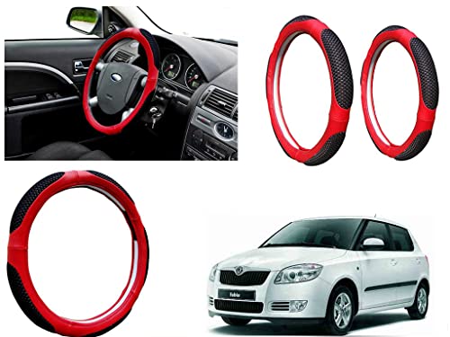 Image of Microfiber Car Steering Wheel Cover, Soft Padding Great Hand Feel, Anti-Slip, Faux Leather Steering Cover for Skoda Fabia | Black Red Jali - Pack of 1