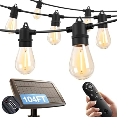 addlon 104FT(98FT+6) Solar String Lights Outdoor Waterproof with USB Port & Remote Control Solar Patio Lights for Outside Solar Powered with 34 LED Dimmable Bulbs for Porch Garden Deck Halloween