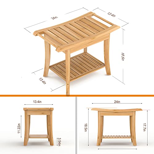 Zhuoyue Bamboo Spa Bath Shower Stool & Bench with Storage Shelf, Shower Bath Seats for Adults Seniors Women Elderly Tileable - Thumbnail 6