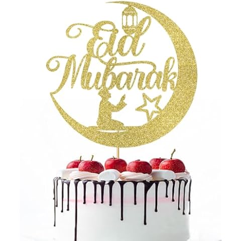 Naicaek Eid Cake Topper,Happy Eid,Umrah Cake Topper,Ramadan Cake Decorations,Birthday Party，Eid Festival Ramadan Festival Decorations(Glitter 4) Cover
