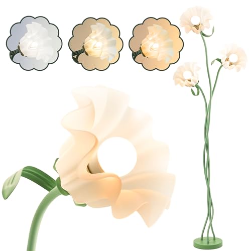 Flower Floor Lamp,Vintage 3 Heads Floral Lamps,3 Color Modes LED Standing Light,Flexible Gooseneck Reading Tall Lamp for Living Room Bedroom Office Home Decoration