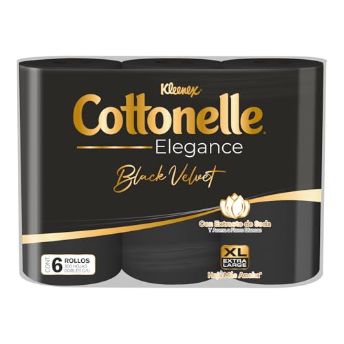 Kleenex Cottonelle Elegance Black Velvet, Papel Higiénico, Extra Largo, Color Negro, 6 rollos con 300 Hojas Dobles C/U