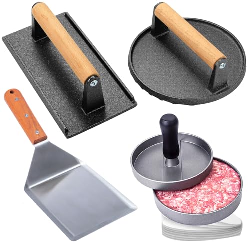 Smash Burger Kit Heavy-Duty Round & Rectangle Cast Iron Smash Bacon Press Spatula Hamburger Stuffed Patty Maker & Patty Papers Burger Tool for Blackstone Grill and Griddle Accessories Barbeque