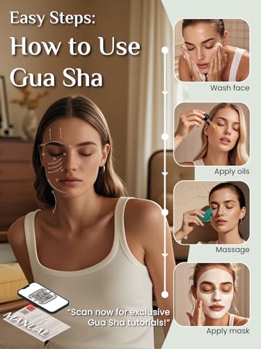 Image of Rena Chris Gua Sha Facial Tools: Jade Stone Guasha Tool for Face Acupuncture Therapy, Facial Massager for Jawline Sculpting and Puffiness Reducing (Green)