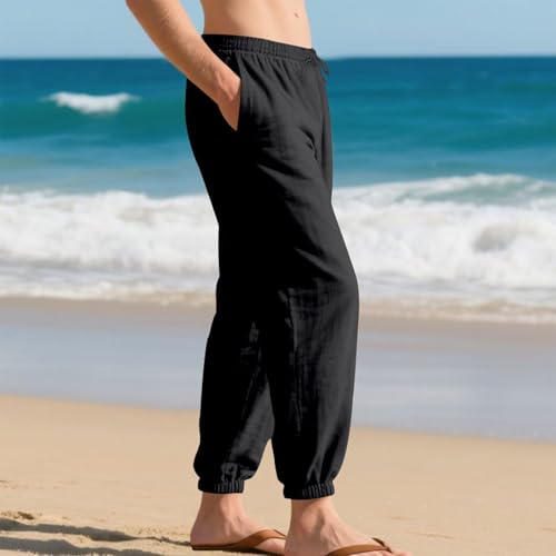 Mens Loose Fit Linen Casual Elastic Waist Drawstring Harem Pant Summer Baggy Beach Vacation Straight Trousers2