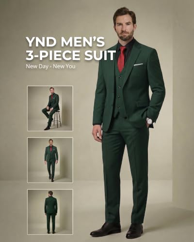Image of YND Men's 3 Piece Suit with Tie, Solid Color Slim Fit Jacket Vest and Pants