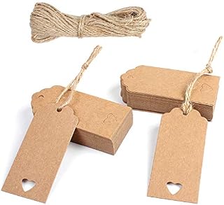 Kraft Paper Tags 100 PCS Set with 33 Feet String 4 x 9cm Brown Gift Tags with Lovely Hollow Heart Birthday Valentine and Wedding Favour Name Tags for Gifts Luggage and DIY Crafts