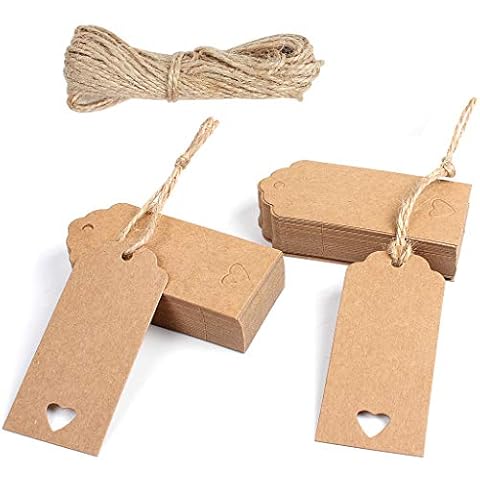 Kraft Paper Tags 100 PCS Set with 33 Feet String 4 x 9cm Brown Gift Tags with Lovely Hollow Heart Birthday Valentine and Wedding Favour Name Tags for Gifts Luggage and DIY Crafts Cover