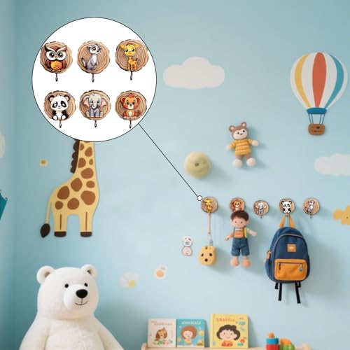 XDGBGFN 6 Stück Kindergarderobe Selbstklebender Haken aus Holz in Süße Tiere Kleiderhaken Kinder für Bad Kinderzimmer Küche Mützen Handtücher