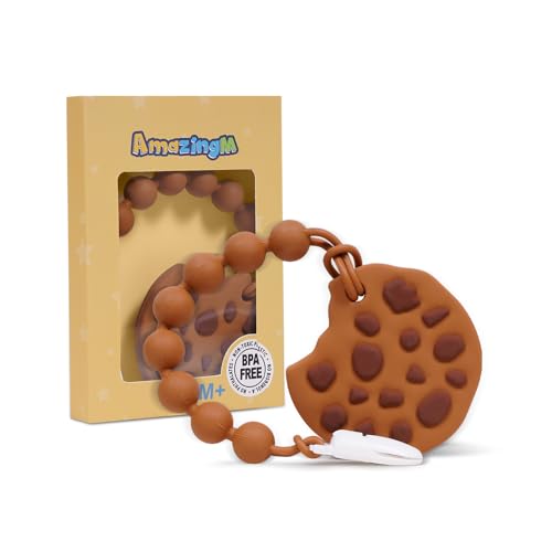 Image of Baby Food Grade Silicone Teether Toy with One Piece Design Pacifier Clip Holder,Teething Toys Gift Set for 3 Months+ Boys and Girls,Freezer Safe,BPA Free. (Cookie)